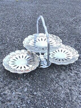 Vintage 3-Tier Folding Chrome Cake Stand Mid Century Metal Filigree Serving Tray